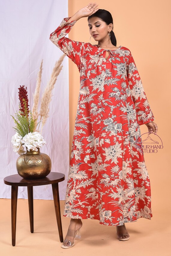 Beautiful floral print cotton dress | Women wear red color midi dress | Summer wear dress | Bridesmaid dress | Gift for Christmas.