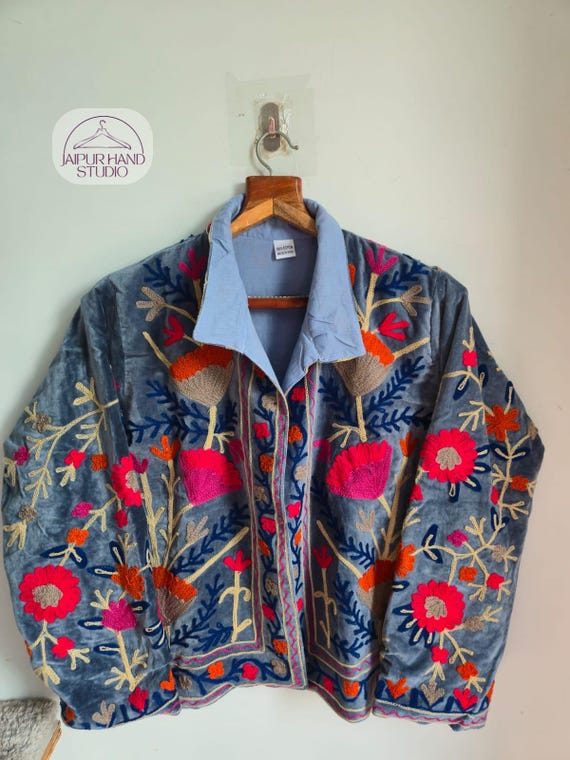 Handmade Velvet Suzani Jacket: Embroidered Indian Winter Coat