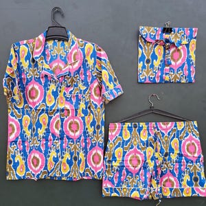 multi color made short sleeve PJ set | women's wear suit | luxury Pj set | PJ set with cotton bag | beach bear suit | this color is so OSM.