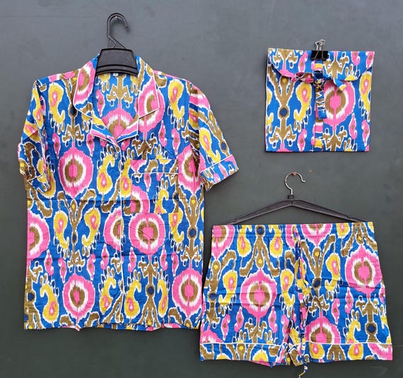 multi color made short sleeve PJ set | women's wear suit | luxury Pj set | PJ set with cotton bag | beach bear suit | this color is so OSM.