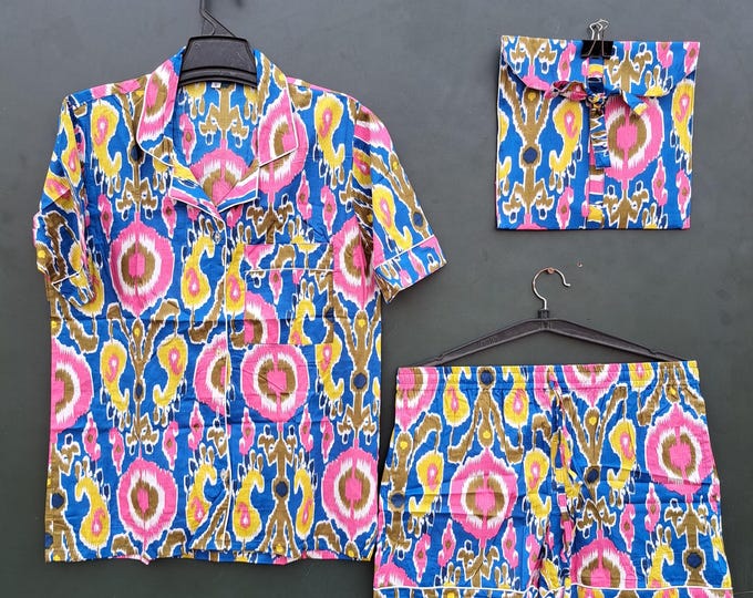 multi color made short sleeve PJ set | women's wear suit | luxury Pj set | PJ set with cotton bag | beach bear suit | this color is so OSM.