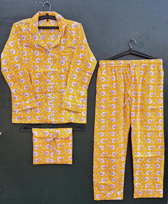 Summer cotton block printed long Pajama set Pj Set, Women comfortable Nightwear, sleepwear Pj set, Bridesmaid pj set,Bridal party Pajama set