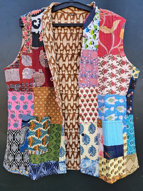 Cotton Patchwork Jacket With Collar, Quilted Jacket, Jacket With Matching Pocket And Strip, Whight Patchwork Jacket, Vest Style Jacket