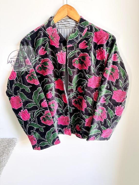 Unisex Handmade velvet Cotton Reversible Short Jacket Boho Style Women's Partywear Winter Fashion Block Print Coat Christmas Gifts for Her.