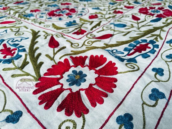 Grey color cotton suzani bedsheet | Handmade suzani bedspread | Niddle work wall hanging throws| Bridesmaid home decor suzani | Gift for her