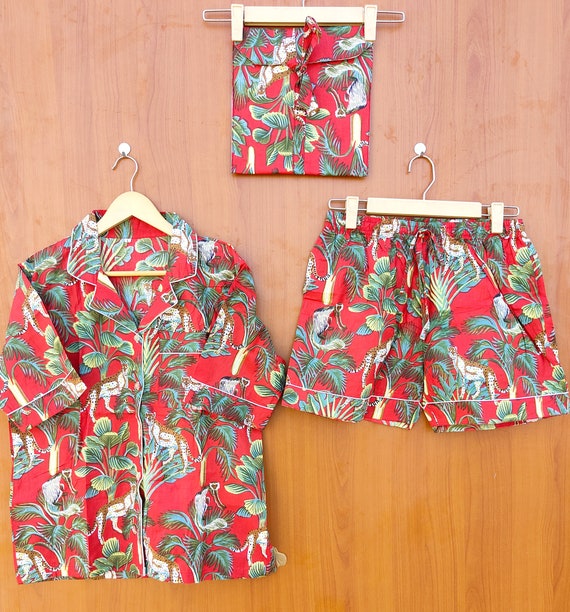Munky Animal Print short Pajamas,Jungle Print Pure Cotton Pj’s, Pajamas Set ,Indian Cotton,Night Wear, Soft Cotton Night Suit- Gift For Her