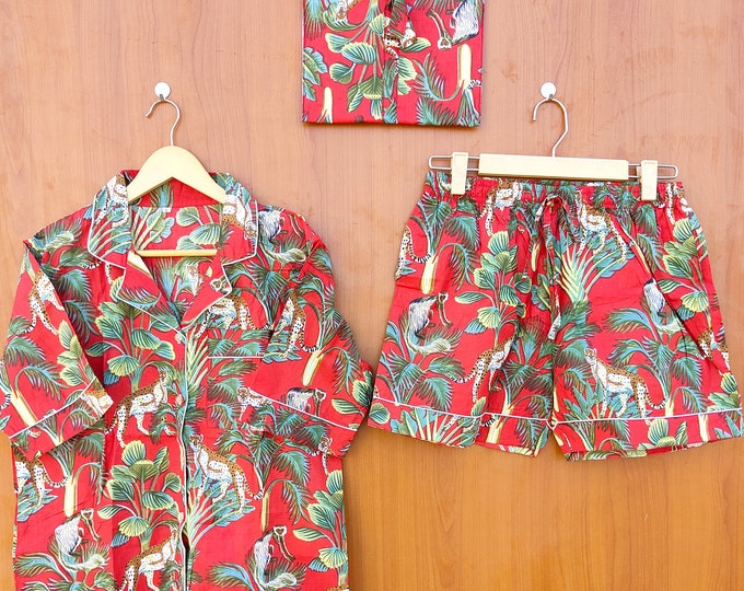 Munky Animal Print short Pajamas,Jungle Print Pure Cotton Pj’s, Pajamas Set ,Indian Cotton,Night Wear, Soft Cotton Night Suit- Gift For Her