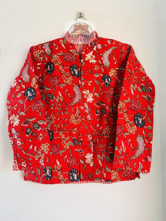 Red color Block print Quilted jacket | Handmade stitched jacket | women wedding wear jacket | women winter wear | Gift for Christmas.