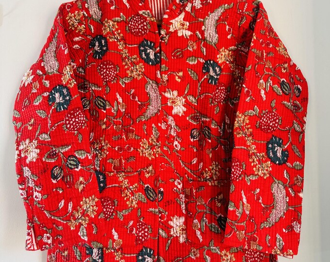Red color Block print Quilted jacket | Handmade stitched jacket | women wedding wear jacket | women winter wear | Gift for Christmas.