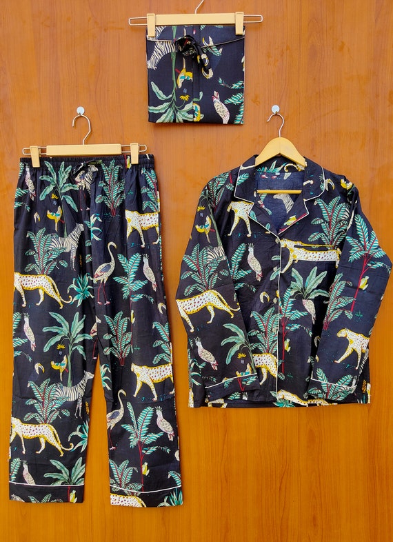 Indian Hand Block Print Cotton Pajama Set 100% Cotton Light Ultra-Soft Night Dress Women Cotton Pants Shirt Set With Shorts Set Bird Print