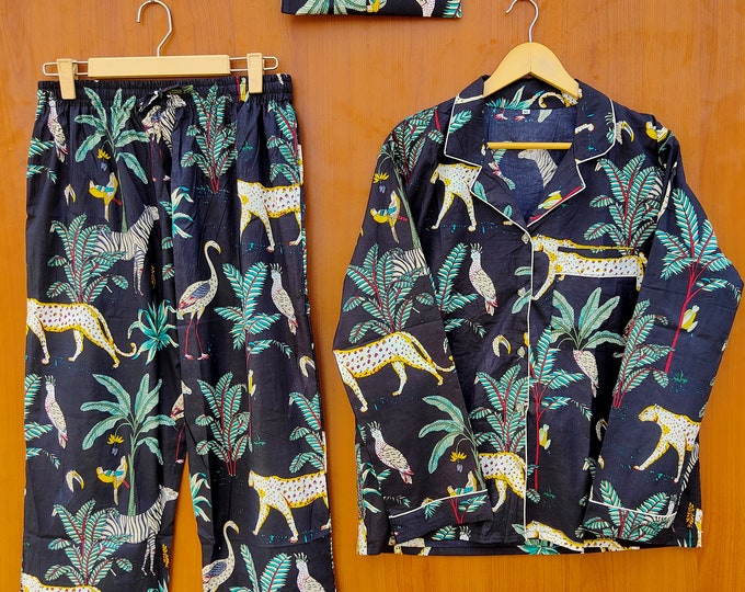 Indian Hand Block Print Cotton Pajama Set 100% Cotton Light Ultra-Soft Night Dress Women Cotton Pants Shirt Set With Shorts Set Bird Print