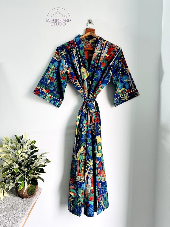 Unisex Bath Robe, 100% Cotton Indian Kantha Stitch Floral Print Robe, Cotton Kimono, Dressing Gown, Swim Wear, Night Gown Free Size.