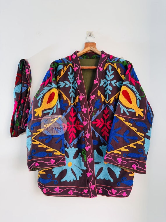 Suzani Hand Embroidered short Kimono Robe | Winter Boho  Suzani jacket | Suzani women wear jacket | Belt closure robe | Special Gift for her