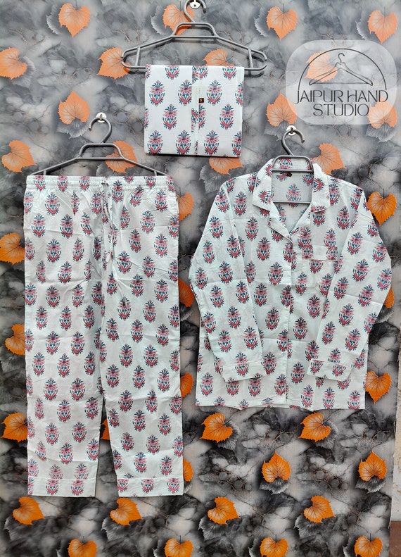 New Florel Print Pajama Set Indian 100% pure cotton pajamas, pj's, soft cotton pajama Set trousers shirts, Florel printed cotton pajama set