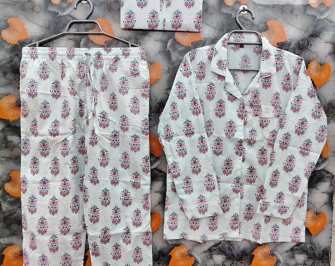 New Florel Print Pajama Set Indian 100% pure cotton pajamas,  pj's, soft cotton pajama Set trousers shirts, Florel printed cotton pajama set