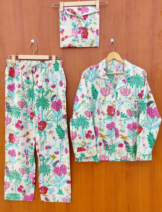 Indian Floral print Cotton Pajama Set Women Night Dress white Color Light Ultra-Soft Night Dress Women Cotton Pants Shirt Set With begs Set