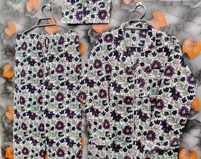 New Print Indian 100% pure cotton pyjamas, Womens pure cotton pj's, soft cotton pyjama Set trousers shirts, Bird printed cotton pyjama set