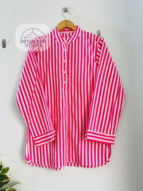 pink color and white striped fabric made kurta | women summer wear | beach wear suit | long sleeve kurta | night wear set | Gift for her.