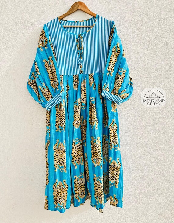 Summer cotton Block print Midi Mini women girls Dress, Deep Neck with string closer bohemian dresses wedding bohemian boho hippie giftsdress