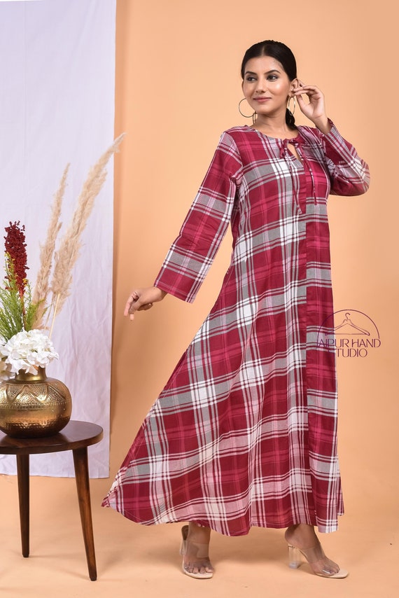 Red and white color cotton dress | Beautiful check print party wear gown | Hand block print wedding wear dress | Bridesmaid dress.