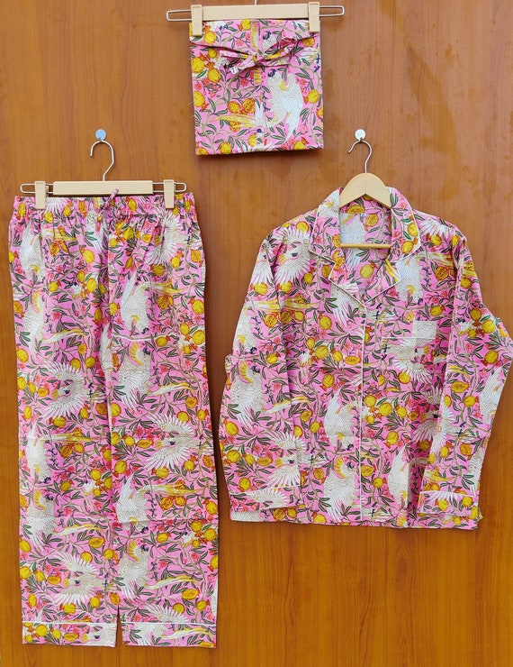 Floral Print Cotton Pajamas & Robes, Women's Clothing Indian Cotton P J Sets Soft Night Dress Women Cotton Pants Shirt Set Begs Shorts Set