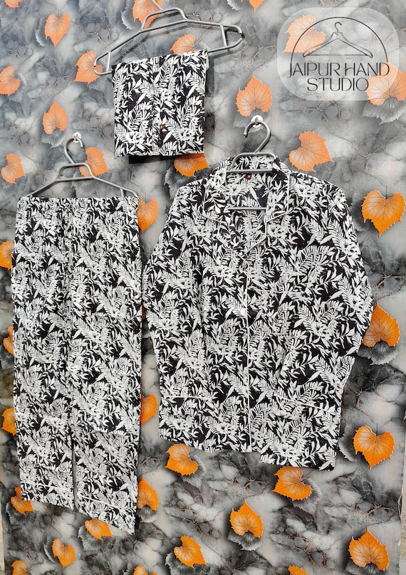 Indian Pajama Set, 100% Soft Cotton Women Night Dress, Handmade Pajama Set, Floral Printed Night Suit,Pants Shirt Set With Shorts Set