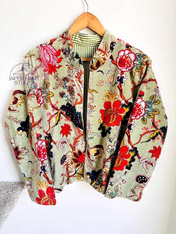 Green color open jacket for women | Red floral print | soft cotton made | velvet fabric made | wear it with friends | wearing in home Etc.