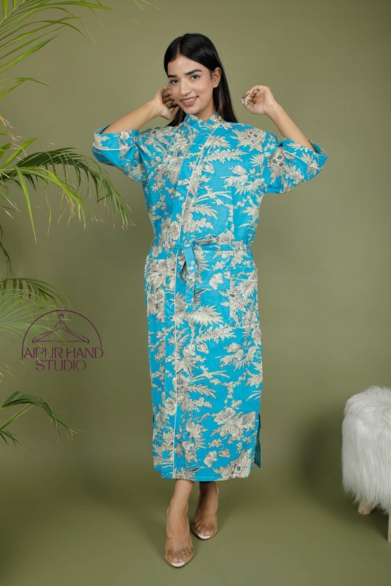 Blue color printed cotton robes | Handmade printed gowns | Wedding wear long dress | Bridesmaid kimono robes | Gift for Christmas.
