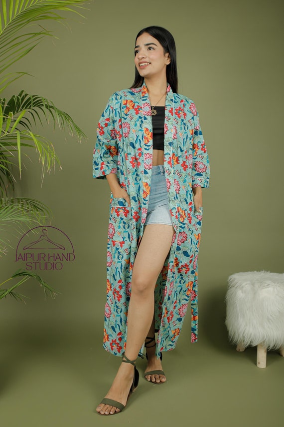 Beautiful colors of floral print robes | Hand block print bath robes | Boho summer wear robes | Beach wear kimono | Gift for Christmas.
