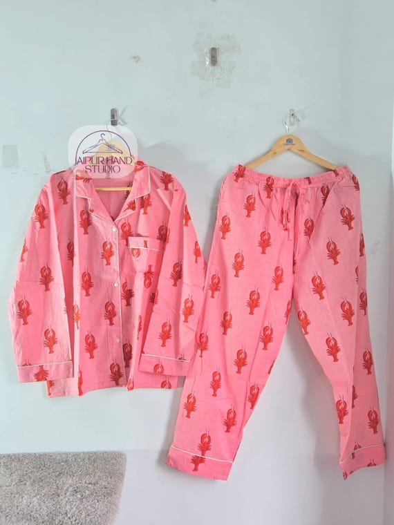 Baby pink color cotton PJ set | Long sleeve cotton night suit | Home wear pajamas | Handmade PJ set | Bridesmaid pajamas | Gift for her.