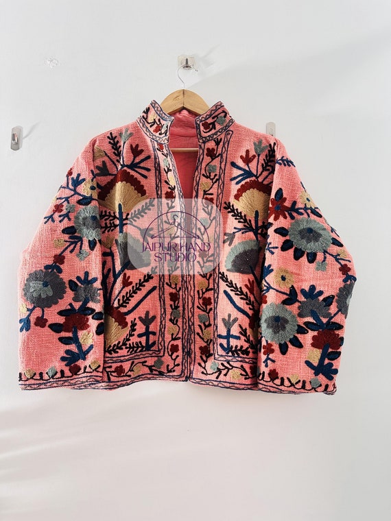 Cotton Suzani Floral Jacket | winter Short Jacket | Boho Jacket Coat | Embroidery Jacket | full Sleeve Bridesmaid coat | Gift for Christmas.