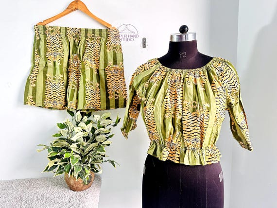 green color dress, tiger hand block print, summer wear dress, wear for her wedding, gift for her girl, gift for Christmas women's wear dress