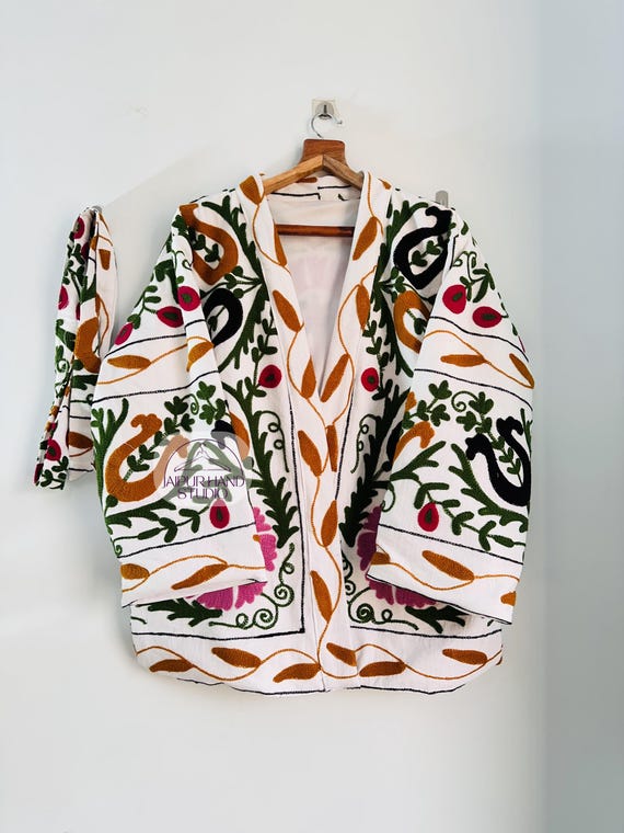 Suzani Hand Embroidered Short Jacket | Autumn Winter Boho Uzbek  jacket | Niddle work suzani coat | women wear kimono robe | Gift for her.
