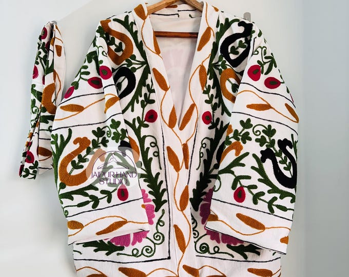 Suzani Hand Embroidered Short Jacket | Autumn Winter Boho Uzbek  jacket | Niddle work suzani coat | women wear kimono robe | Gift for her.