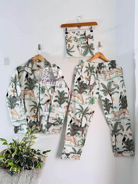 Jungle print cotton pajamas set| women cotton pajamas | Handmade stitched pajamas | summer wear Pj suit | long sleeve pajamas | Gift for her