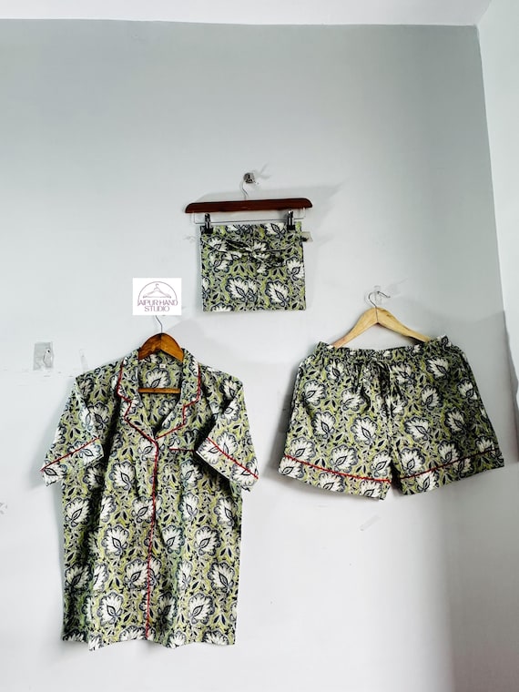 100 % pure block print cotton PJ set | Handmade short pajamas | Women wear short Night suit | Bridesmaid short PJ set | Gift for Christmas.