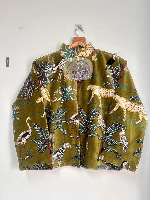 Green jungle print Luxury cotton velvet jacket for women's | party jackets | wear in your home | wear in her friend's wedding | Gift for her