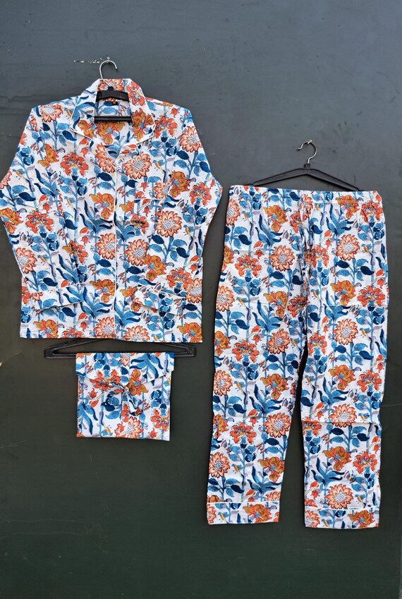 Indian Cotton Pj Sets/ Cotton Pajama Set/ Women Night Pj Set/ Floral Printed  Pajama Set/ Cotton Shirt And Pant Set