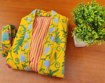 Indiska handbroderade morrockar, bomulls-Suzani-kimonomorgon, vinterlång kimono med bälte, unisexmorgon, badrock, sovkläder,