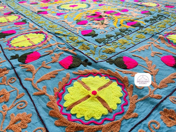 Blue color handmade Embroidery suzani throws | Uzbek suzani king size tapestry | Suzani bedspread | Home decor suzani | Gift for Christmas.