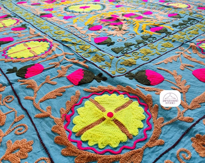 Blue color handmade Embroidery suzani throws | Uzbek suzani king size tapestry | Suzani bedspread | Home decor suzani | Gift for Christmas.