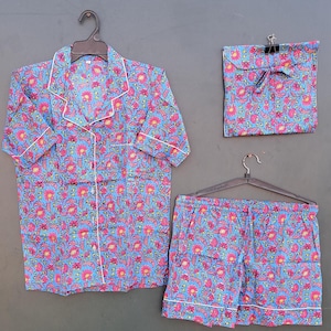 Indian Block Printed Cotton Pyjama Set - Women Cotton Pajama - Loungewear - Hand Block Print - Pj sets - Gifts for Her - Night Suit with Bag