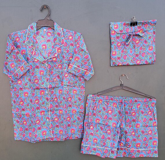 Indian Block Printed Cotton Pyjama Set - Women Cotton Pajama - Loungewear - Hand Block Print - Pj sets - Gifts for Her - Night Suit with Bag