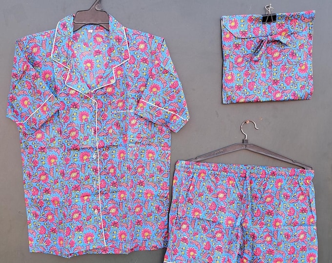 Indian Block Printed Cotton Pyjama Set - Women Cotton Pajama - Loungewear - Hand Block Print - Pj sets - Gifts for Her - Night Suit with Bag