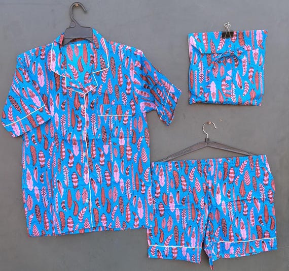 Block Print Shorts Set | Pure Natural Cotton Sleepwear | Women's Loungewear |Summer lounge set | Blue Shorts set