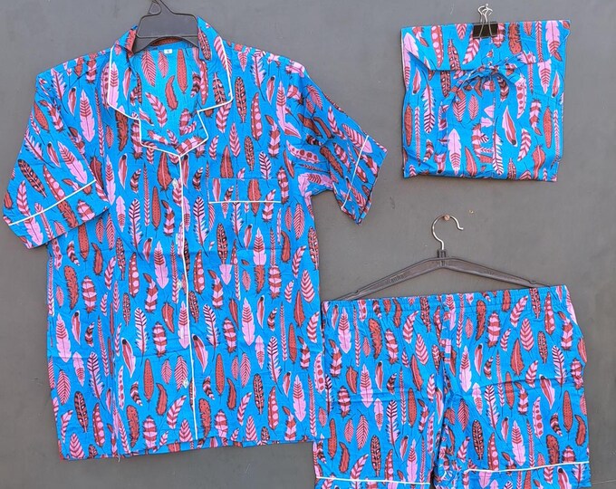 Block Print Shorts Set | Pure Natural Cotton Sleepwear | Women's Loungewear |Summer lounge set | Blue Shorts set