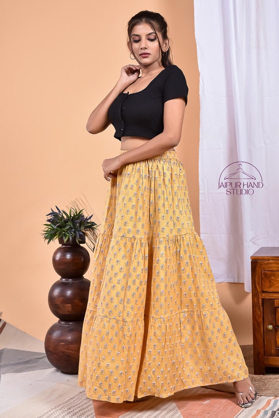 Yellow color cotton skirt | Hand block print sari wrap | Women night wear maxi skirt | Bridesmaid cotton skirts | Gift for Christmas.