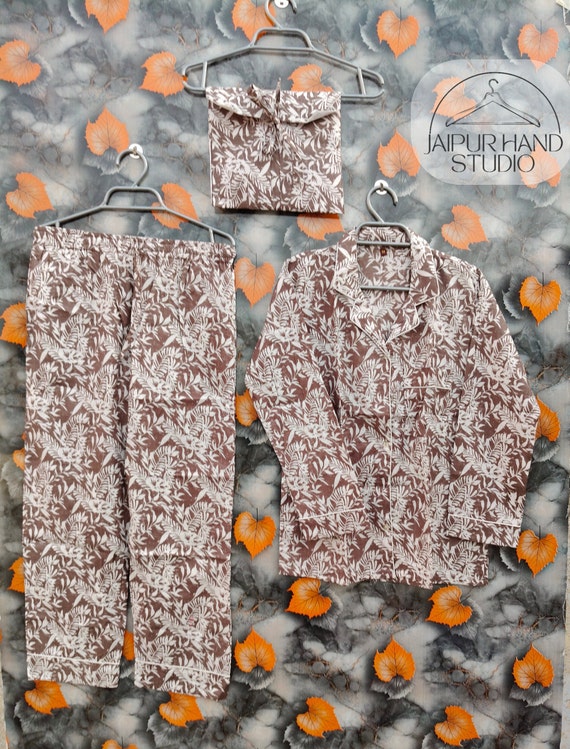 Handmade Pajama Set, 100% Cotton Women Night Dress, Indian Floral Printed Pajama Set, With Hot Pant Pants Shirt Set