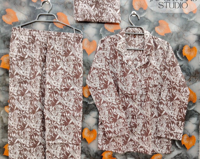 Handmade Pajama Set, 100% Cotton Women Night Dress, Indian Floral Printed Pajama Set, With Hot Pant Pants Shirt Set