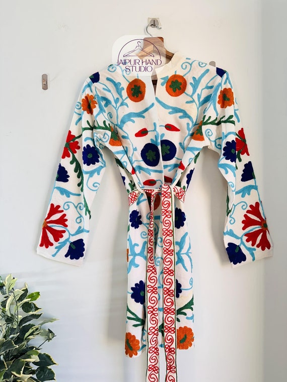 Suzani fabric made long jacket with belt | wedding wear coat | suzani kimono robe| party wear jacket | Bridesmaid robes | Gift for Christmas